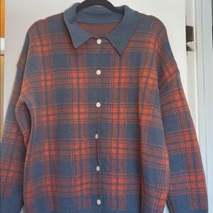 BLUE AND ORANGE CARDIGAN SWEATER
LIGHT BLUE SLATE COLOR AND LIGHT ORANGE PLAID